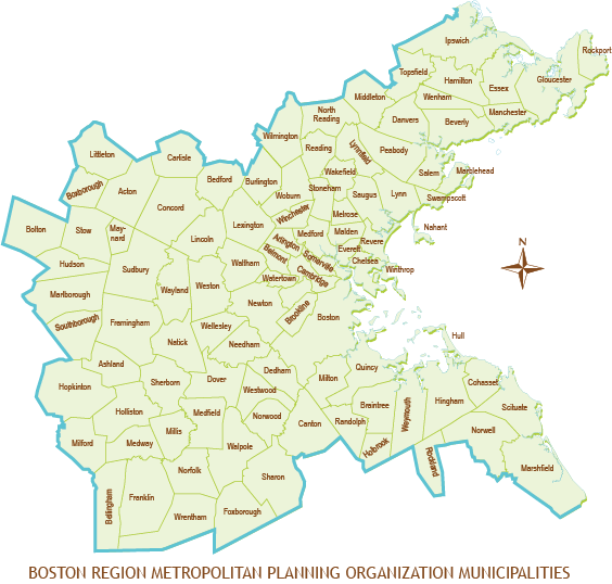 This is a map of the cities and towns in the Boston Region. There are 97 cities and towns within the Boston Region Metropolitan Planning Organization’s planning area.